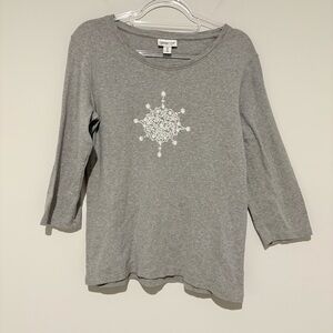 Coldwater creek embroidered snowflake 3/4 sleeve shirt grey size medium